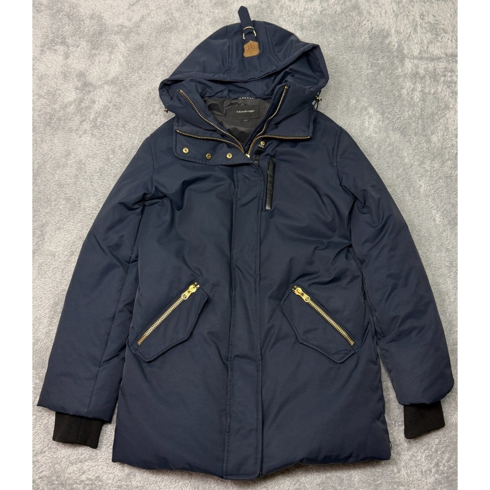 Mackage Marla Down Winter Coat Womens S Navy Blue Removable Hood Jacket Parka